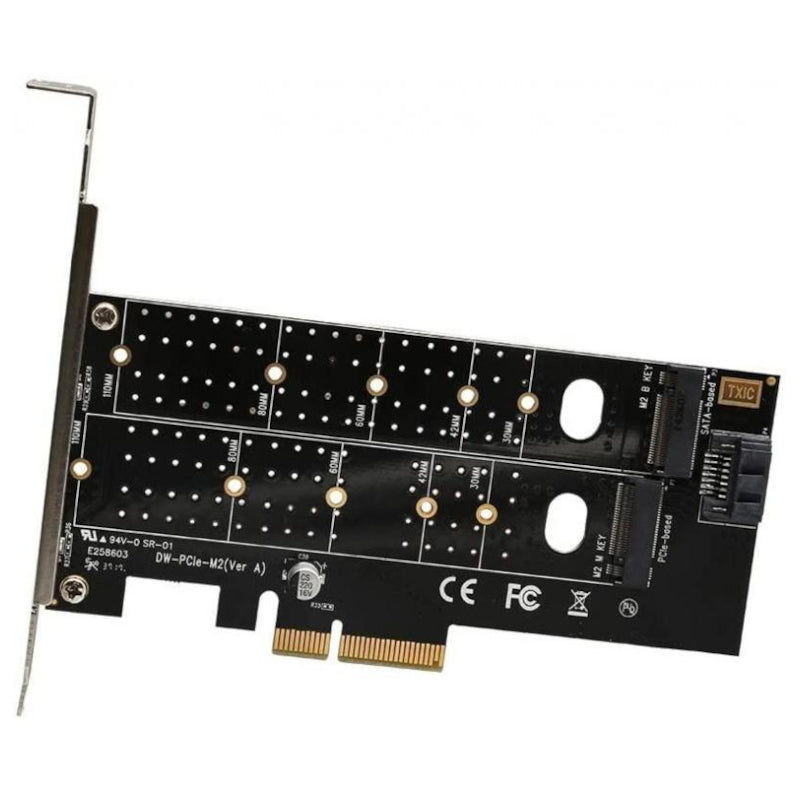 Computer hardware component, PCIe card with M.2 slot on a white background