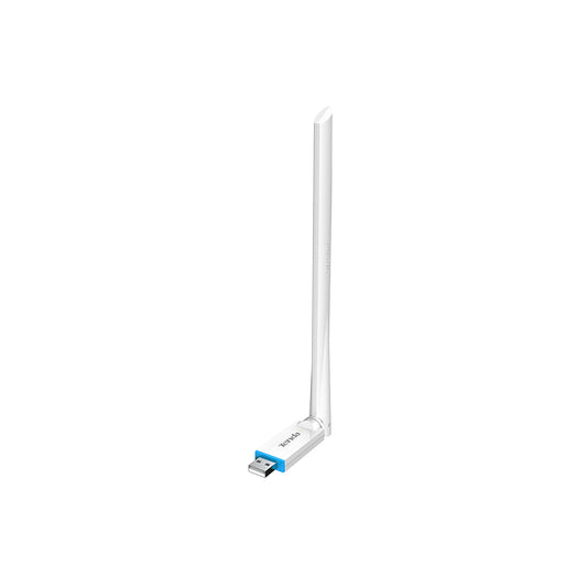 White Tenda U2 Wireless USB adapter with antenna bent upwards on a white background