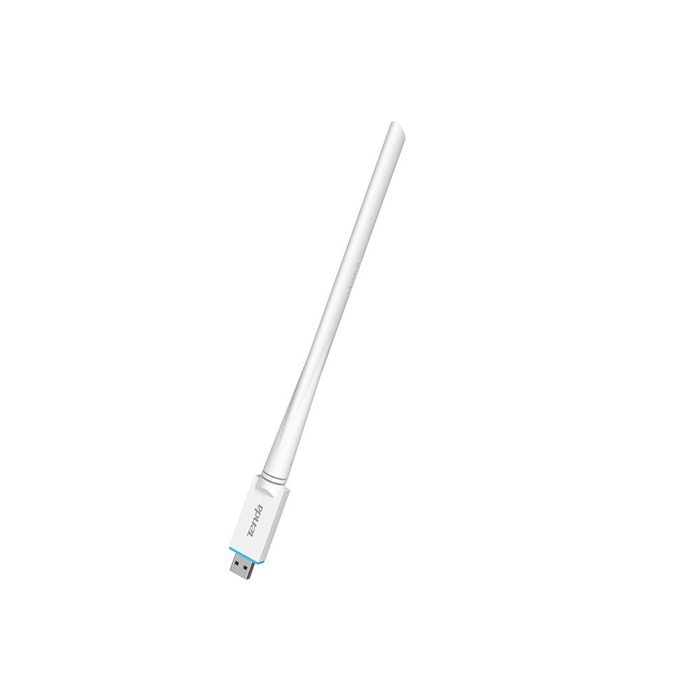 White Tenda U2 USB Wi-Fi adapter with antenna straight out on a white background