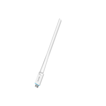 White Tenda U2 USB Wi-Fi adapter with antenna straight out on a white background