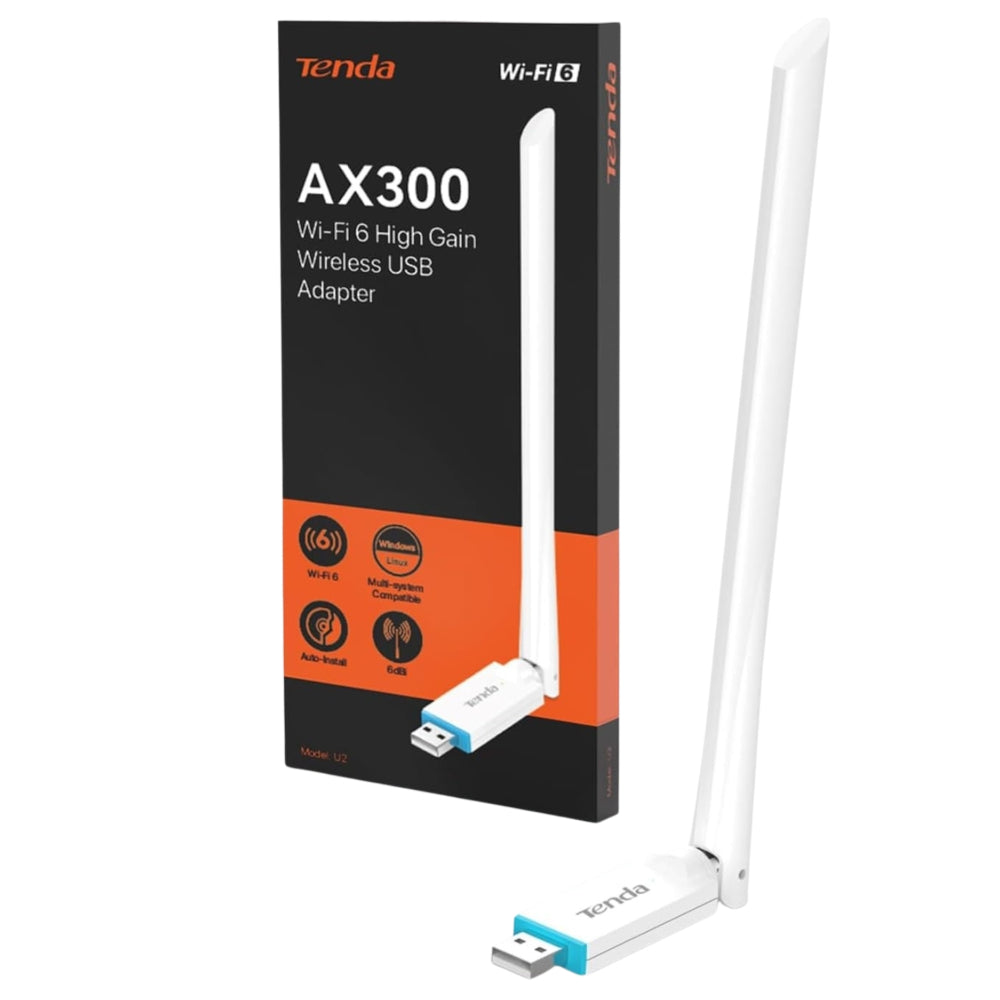 Tenda AX300 Wi-Fi 6 High Gain Wireless USB Adapter with packaging on a white background