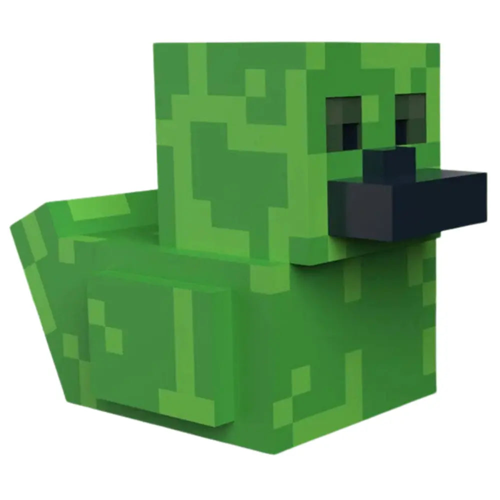 Angled side view of the Tubbz Boxed Minecraft Creeper, green pixelated character in the shape of a duck