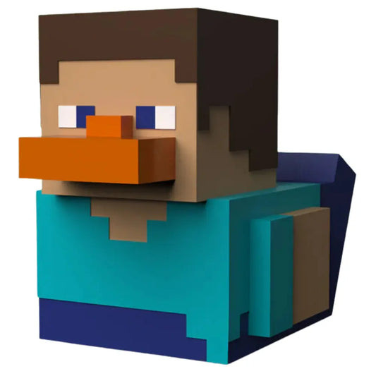 Slight side view of the Tubbz Boxed Edition Minecraft Steve in the shape of a duck vinyl figurine character with brown hair, orange beak, and teal body on a white background