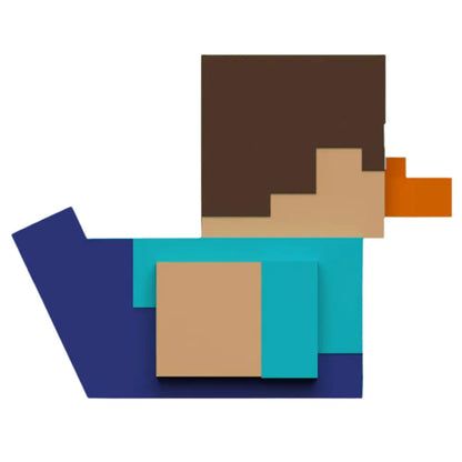 Side view of the Tubbz Boxed Edition Minecraft Steve in the shape of a duck vinyl figurine showing the duck wing and tail