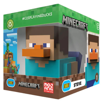 Tubbz Minecraft figurine packaging with Steve character and branding elements.