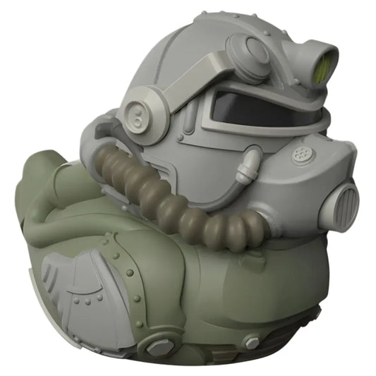 Angled view of the Tubbz Mini Fallout T-51 Armor in the shape of a duck