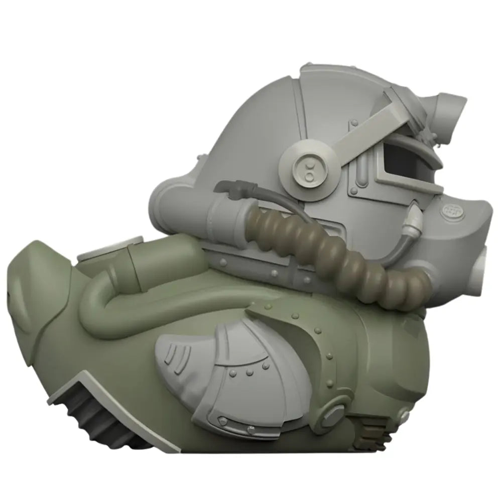 Side view of the Tubbz Mini Fallout T-51 Armor in the shape of a duck showcasing the helmet and armor design on body