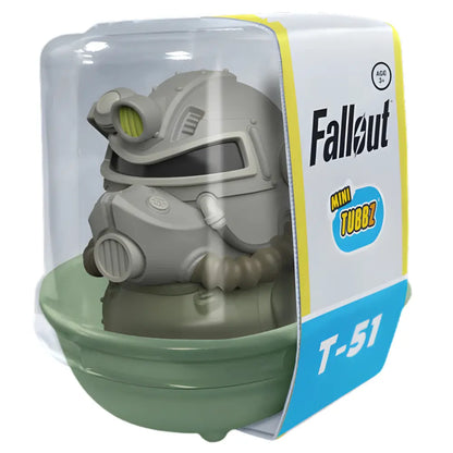 Tubbz Mini Fallout T-51 Armor in the shape of a duck in packaging with 'Mini TUBBZ' branding.