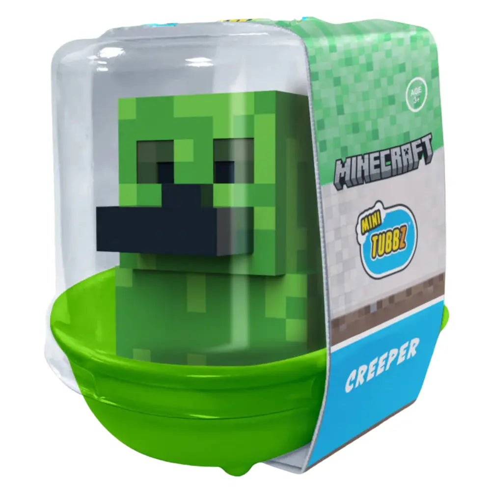 Tubbz Minecraft Mini Creeper in the shape of a duck in a bathtub shaped packaging on a white background