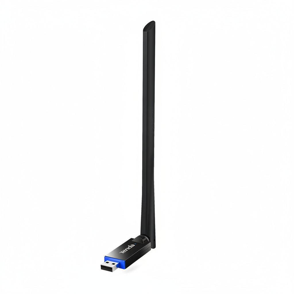 The Tenda U10 AC650 USB WiFi adapter with its 6dBi antenna extended.

