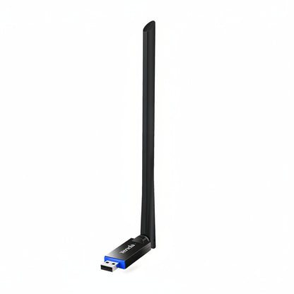 The Tenda U10 AC650 USB WiFi adapter with its 6dBi antenna extended.

