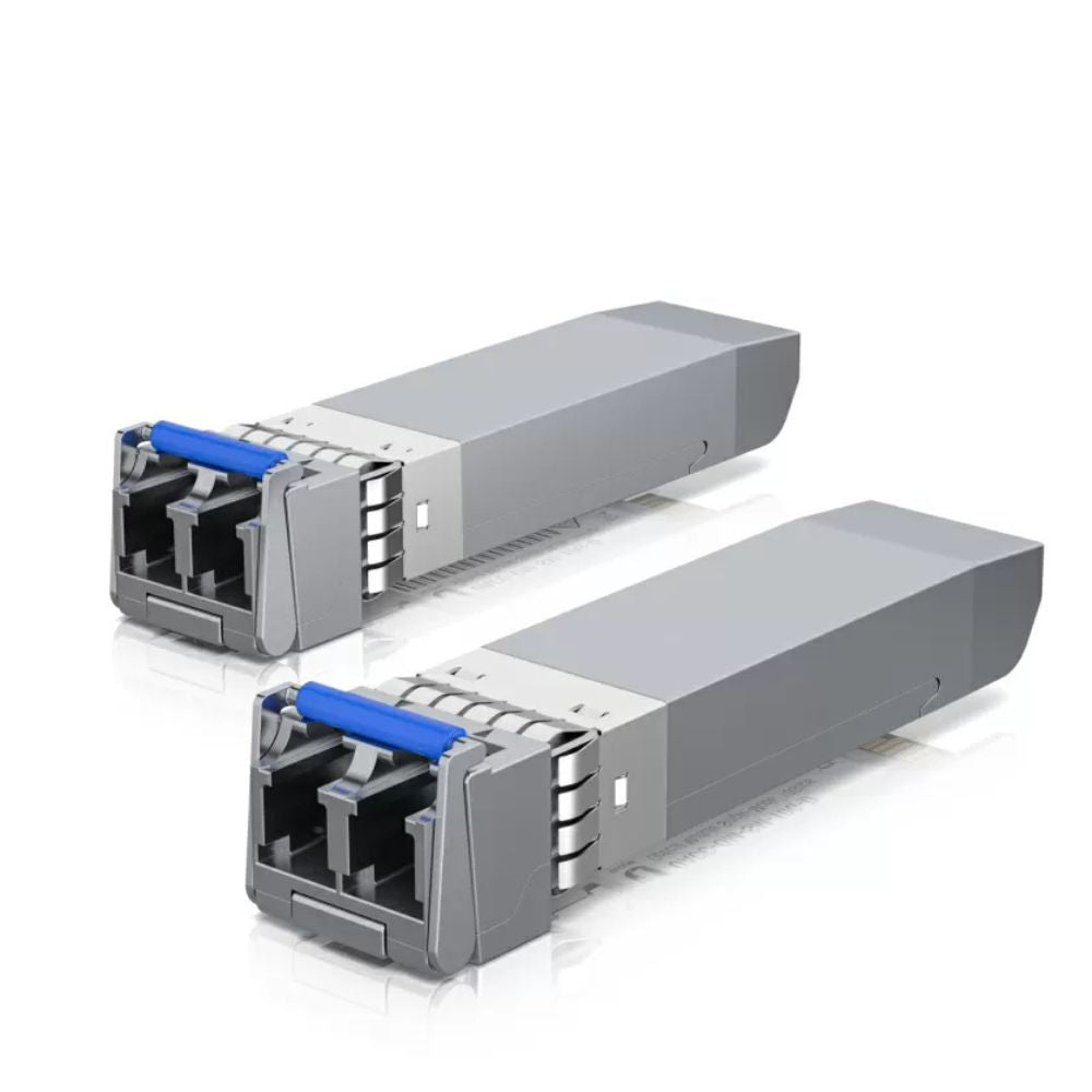 "Ubiquiti 10Gbps single-mode SFP+ optical module with LC connectors for long-range fiber links"