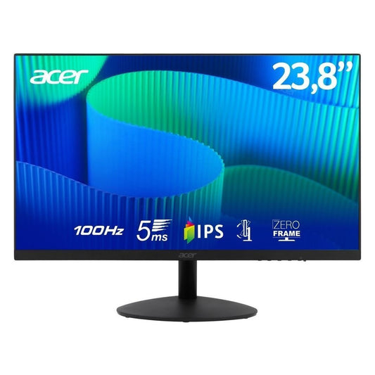 Front view of the Acer ET241Y 24" IPS Monitor with specifications such as 100hz, 5 millisecond, IPS, Zero Frame, screen size of 23.8" and tilt stand icon on a white background