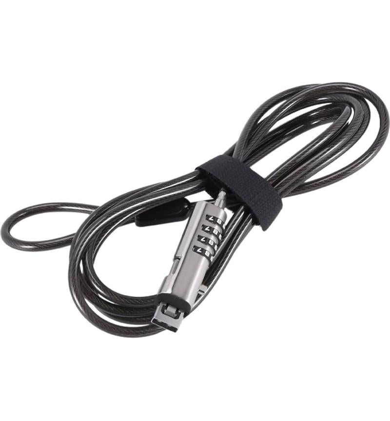 Black security cable with a metal lock on a white background