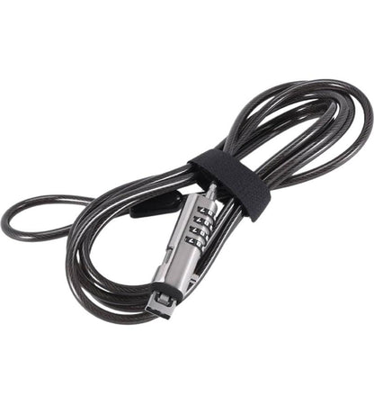 Black security cable with a metal lock on a white background