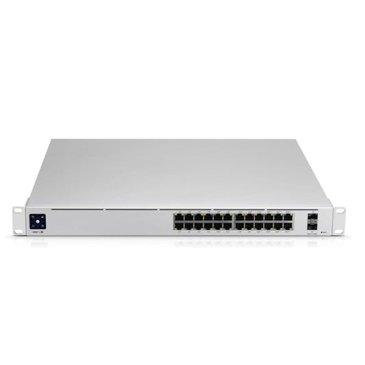Front view of Ubiquiti USW-PRO-24-POE 24-Port Managed PoE+ Switch