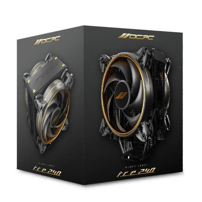 OCPC ICE-240 Black Label CPU air cooler, single-tower with dual 120mm PWM fans, four heat pipes, Intel & AMD support.