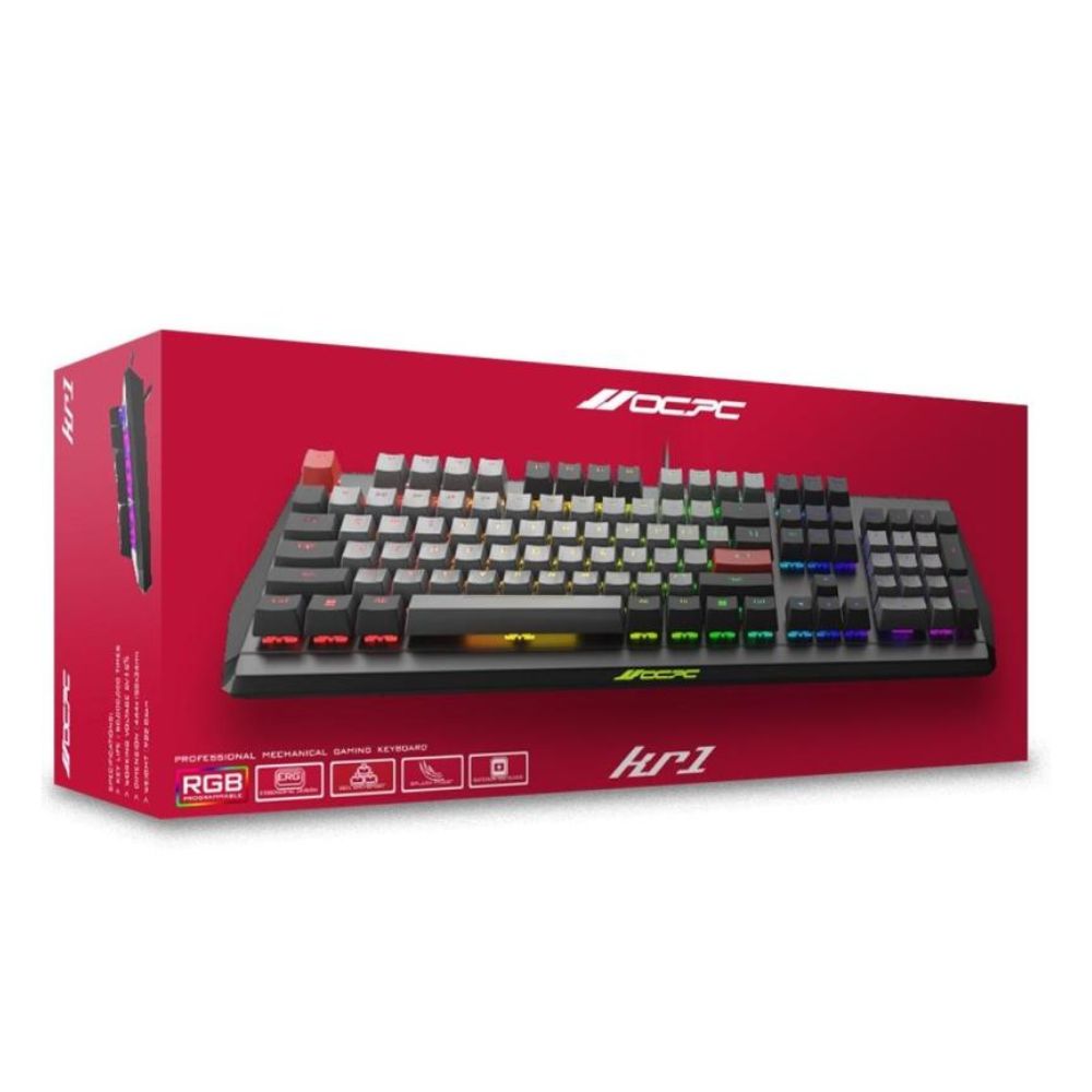OCPC KR1 104-key RGB mechanical keyboard with hot-swappable Gateron and aluminum body in black/grey on red packaging.