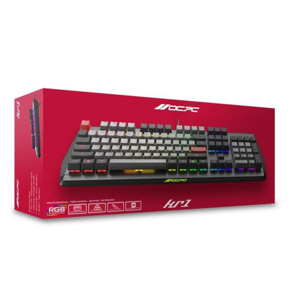 OCPC KR1 104-key RGB mechanical keyboard with hot-swappable Gateron and aluminum body in black/grey on red packaging.