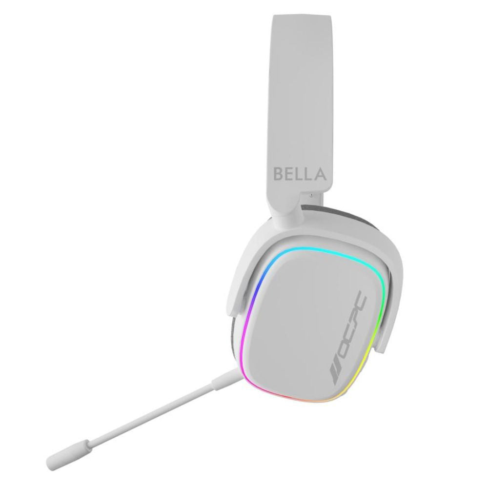 OCPC BELLA white gaming headset with RGB edge lighting and detachable mic.