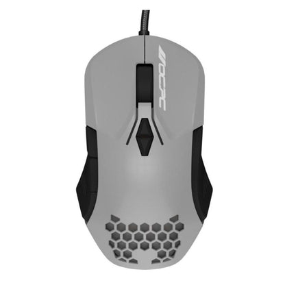 OCPC MR11 wired gaming mouse in grey with honeycomb shell, lightweight design, high-precision sensor, RGB lighting.