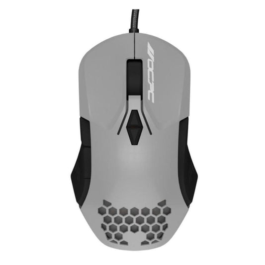 OCPC MR11 wired gaming mouse in grey with honeycomb shell, lightweight design, high-precision sensor, RGB lighting.