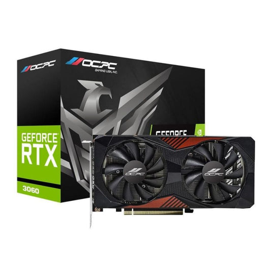 OCPC GeForce RTX 3060 12GB GDDR6 XM graphics card with dual fans beside its box