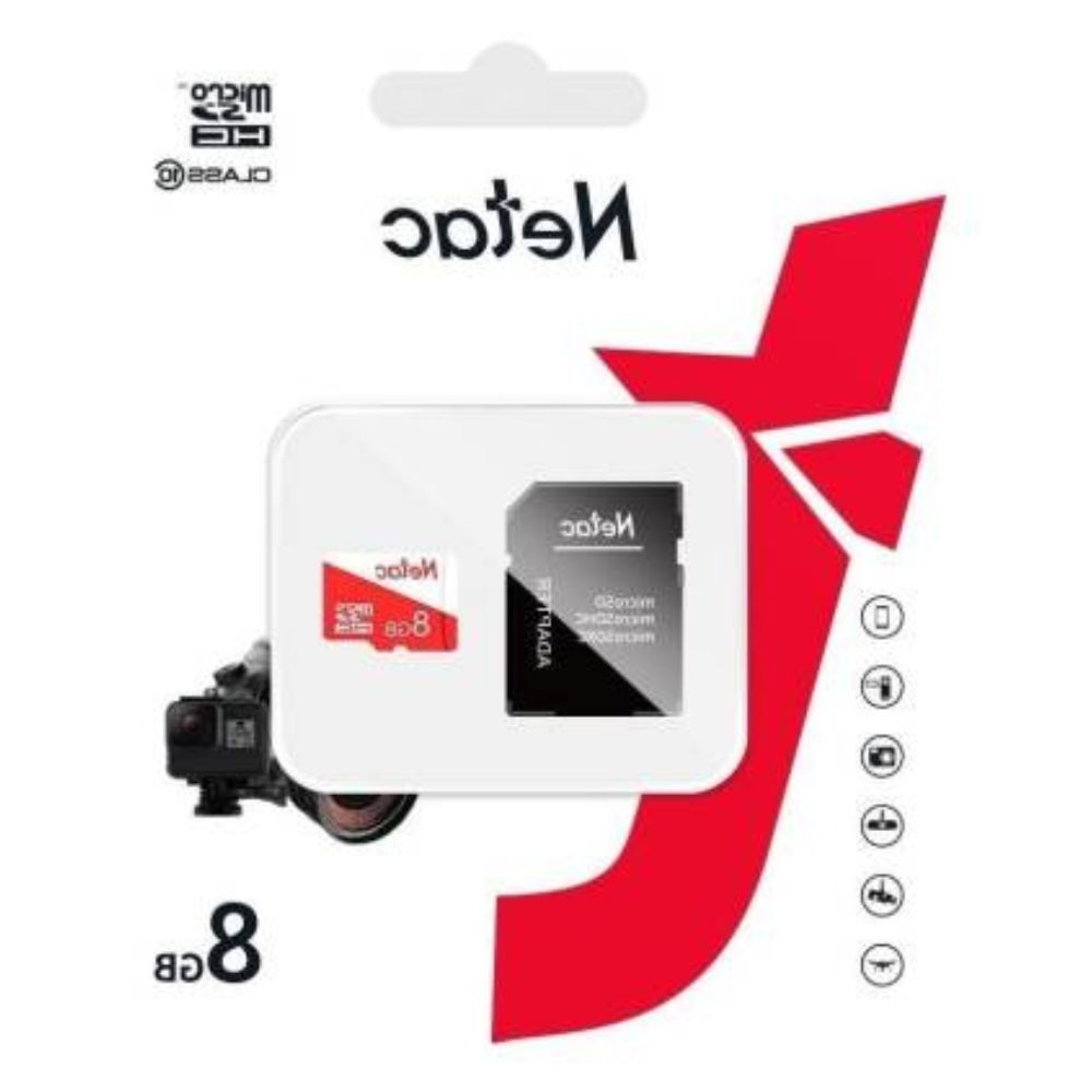 NETAC ECO 8GB microSD Card with SD Adapter in packaging; Class 10, 30 MB/s read, 25 MB/s write, camera backdrop.