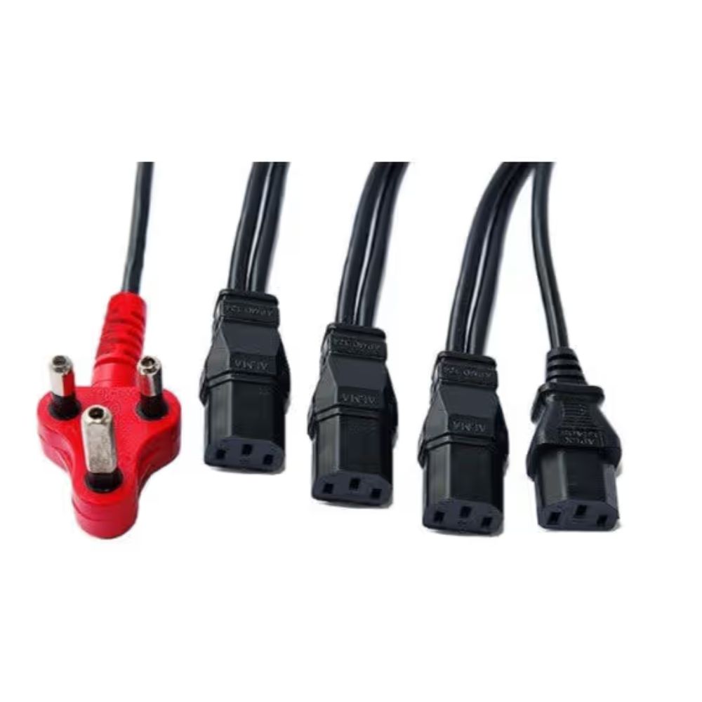 Red 4-way power plug with four black outlets on a cable.
