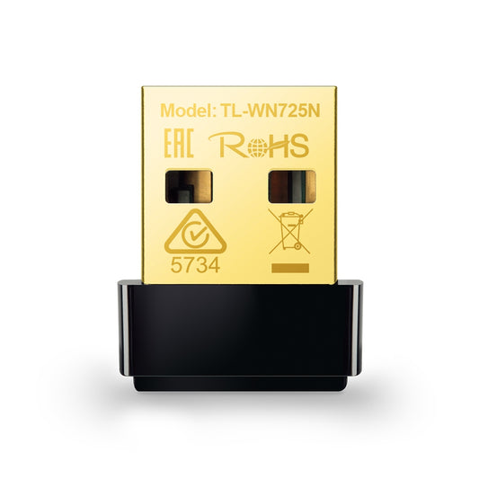Close-up front view of the TP-Link TL-WN725N 150 Mbps Nano USB Wi-Fi Adapter showing gold USB connector and model markings.