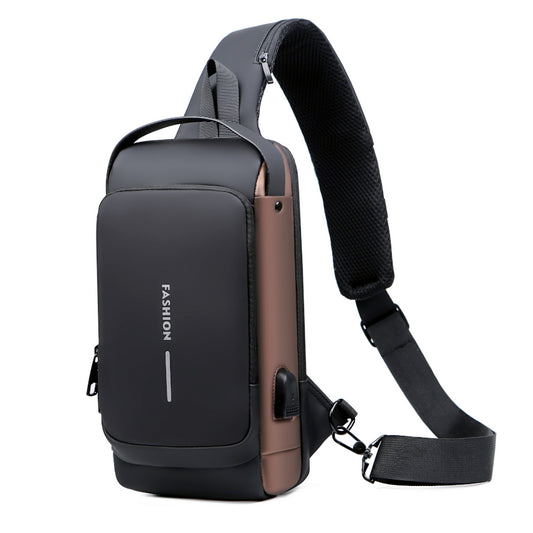 Black and brown sling bag with USB port on a white background