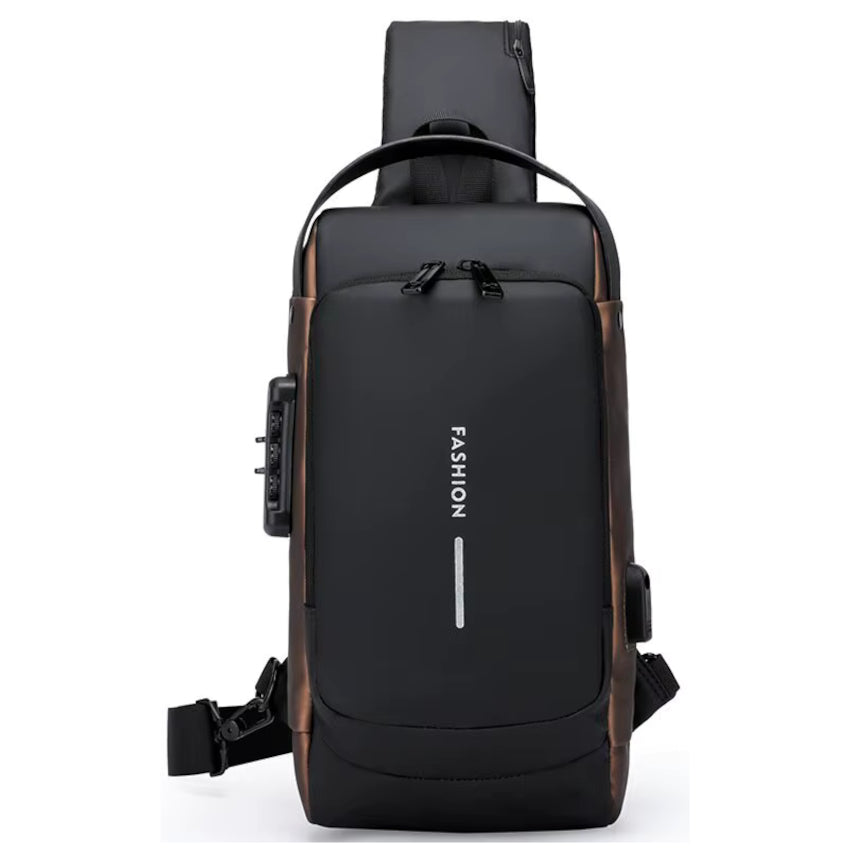 Black sling bag with 'FASHION' text on a white background