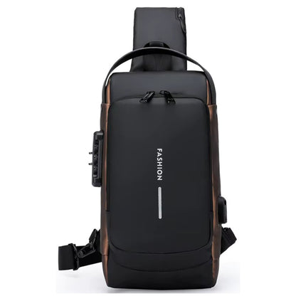 Black sling bag with 'FASHION' text on a white background