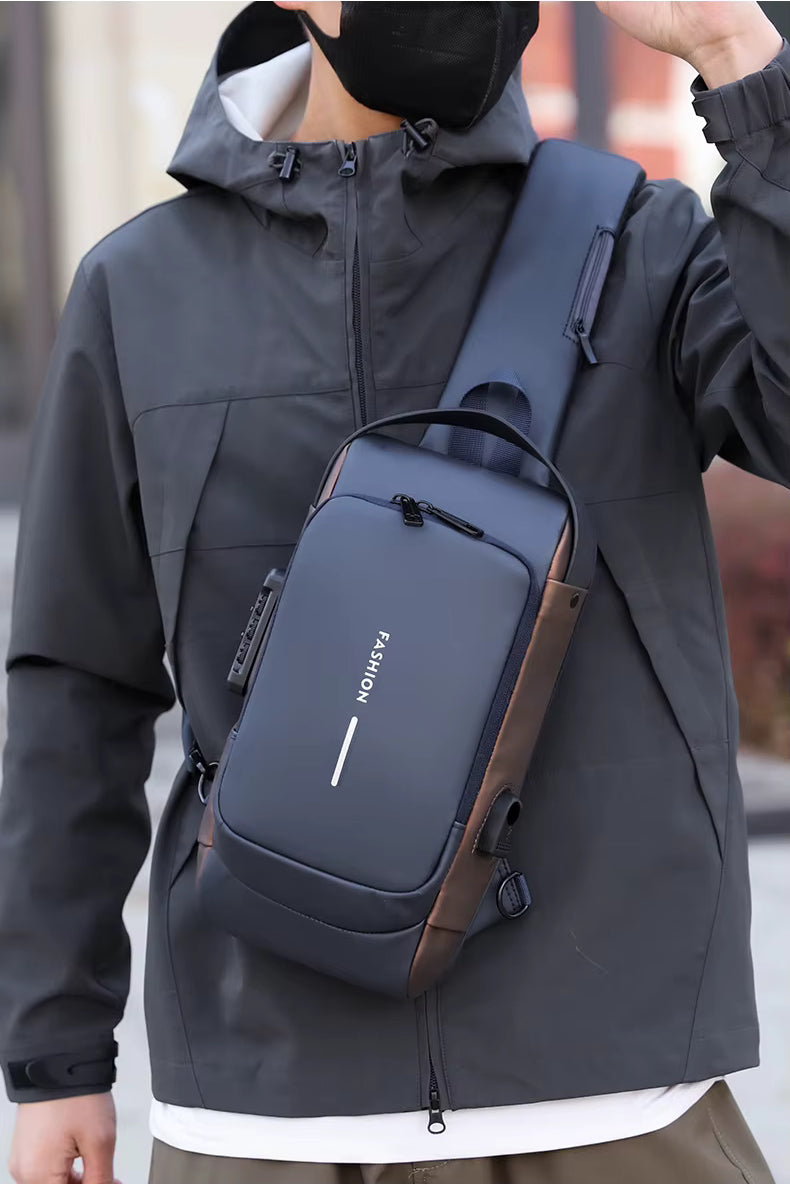 Person wearing a gray jacket with a blue and brown backpack, blurred background