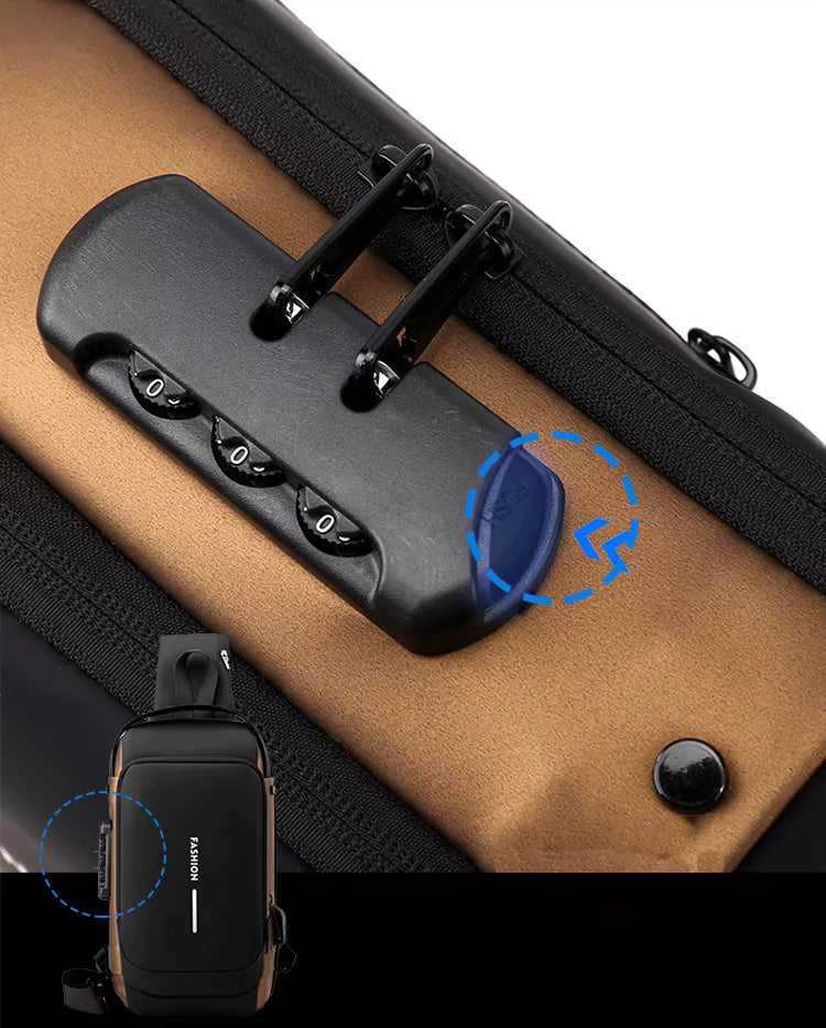 Close-up of the lock mechanism and a backpack on a white background