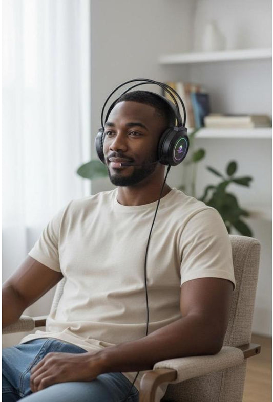Man wearing Mikuso XP628 headphones sitting in a chair with a neutral background
