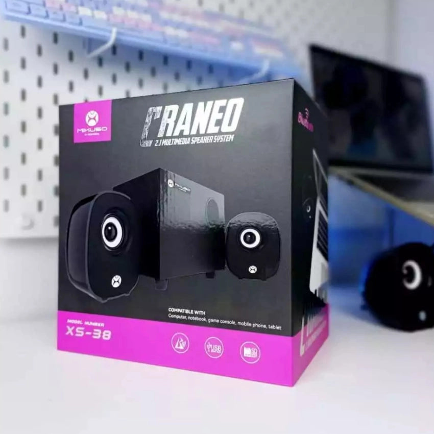 Mikuso Craneo speaker system packaging on a white surface with a blurred background