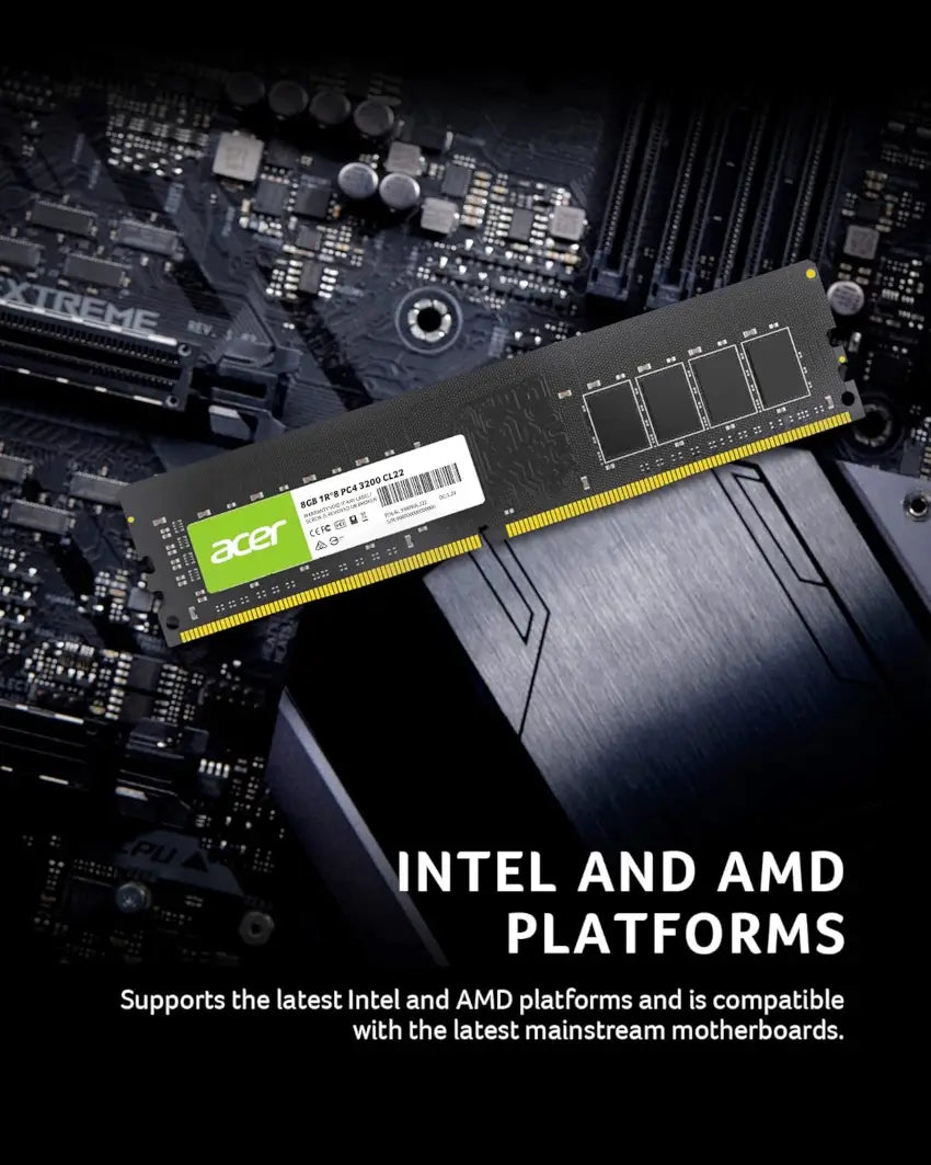 Computer memory module with Acer branding on a motherboard background