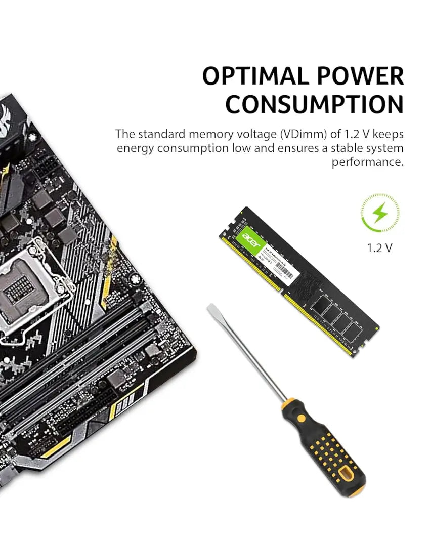 Motherboard, RAM stick, and screwdriver with text on optimal power consumption.