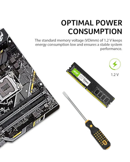 Motherboard, RAM stick, and screwdriver with text on optimal power consumption.