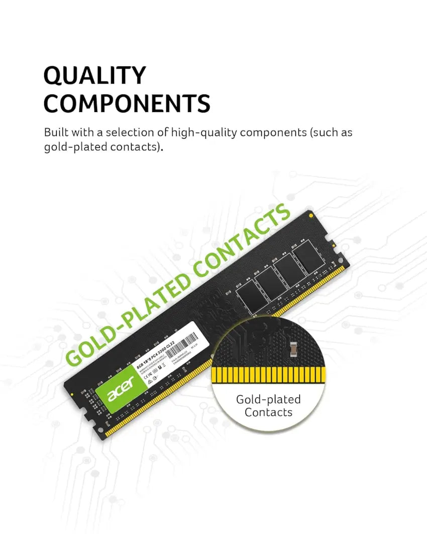 Memory module with gold-plated contacts and Acer logo on a white background