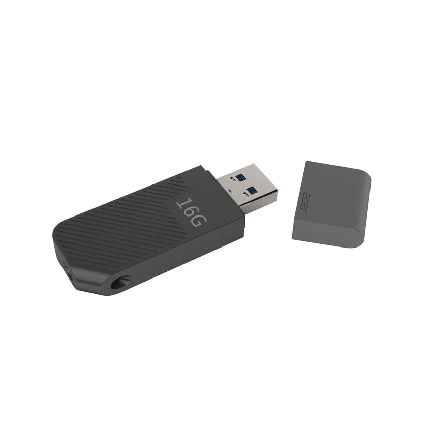 Acer UP200 16GB Black USB flash drive with a cap on a white background