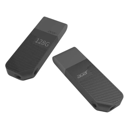 Two black Acer UP300 128GB USB3.2 flash drives on a white background