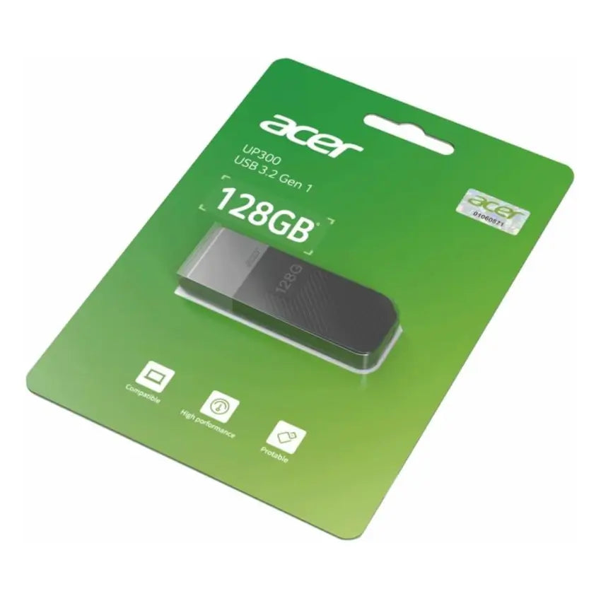 Black Acer UP300 128GB USB3.2 flash drive in green packaging with product details.