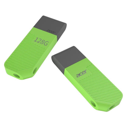 Two green and black Acer UP300 128GB USB3.2 flash drives on a white background