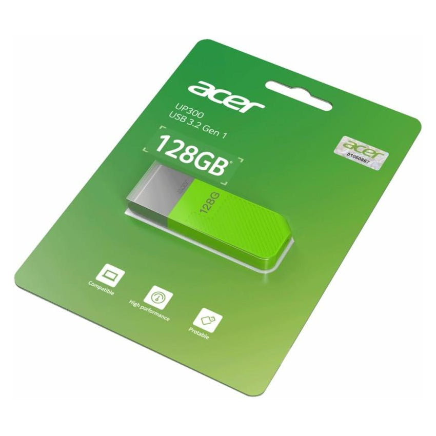 Green and gray Acer UP300 128GB USB3.2 flash drive in green packaging with product details.