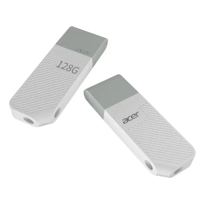 Two white and grey Acer UP300 128GB USB3.2 flash drives on a white background