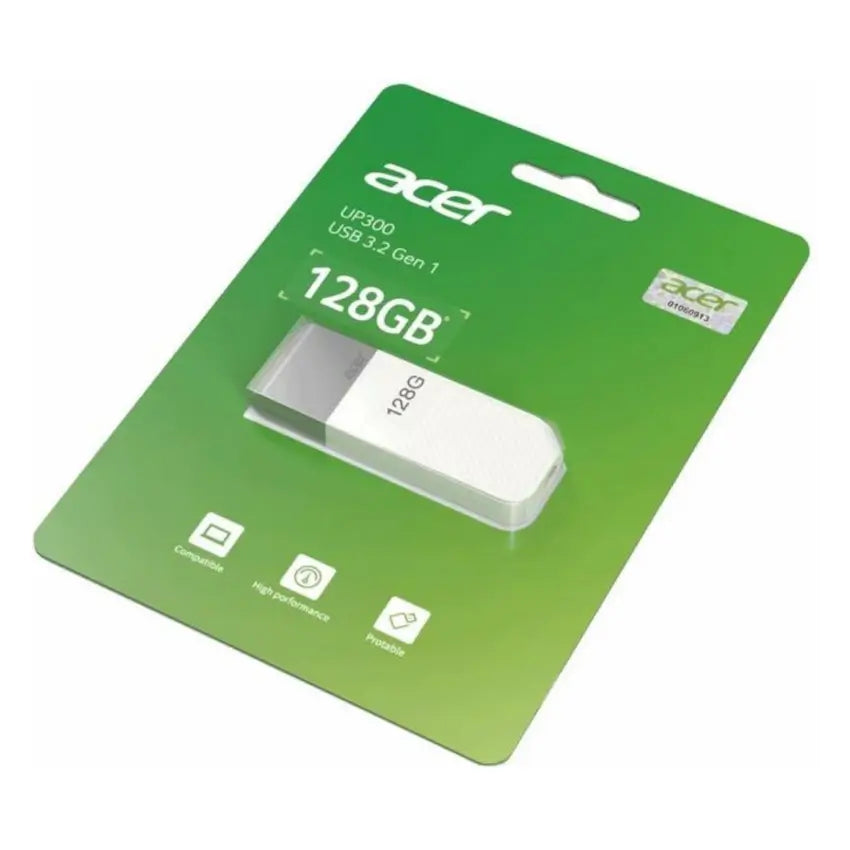 White Acer UP300 128GB USB3.2 flash drive in green packaging with product details.