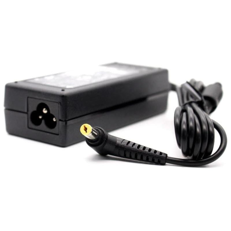 Black generic charger for Acer with small yellowe pin connector on a white brackground