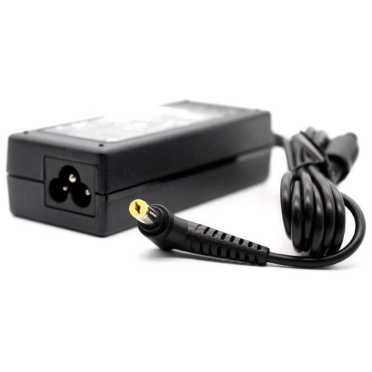 Black generic charger for Acer with small yellowe pin connector on a white brackground